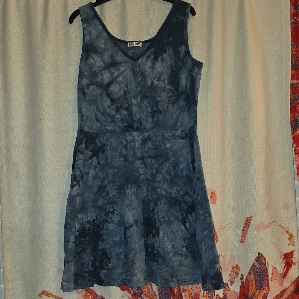 HUHOT Sleeveless V Neck Dress w/ Pocket Summer Beach Midi Flared Tank Dress